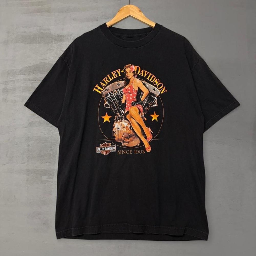 Vintage HarleyDavidson  Shirt Black Pin Up Girl Collierville TN Graphic XL